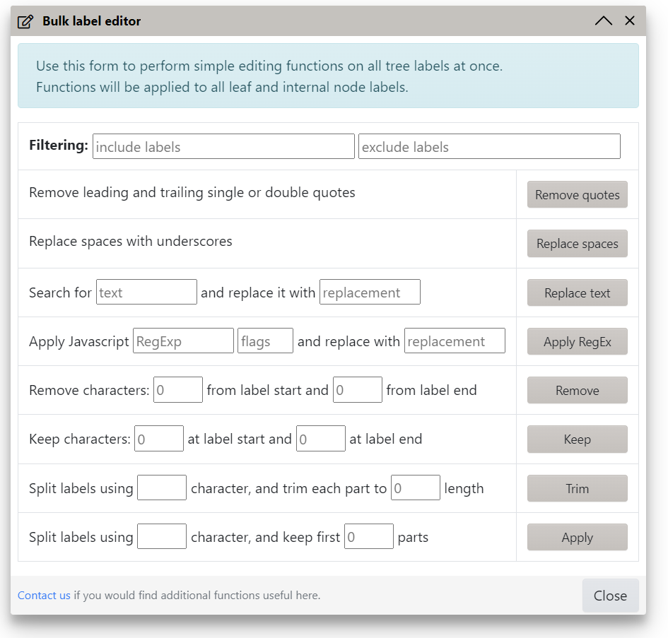 Tree labels bulk editing functions