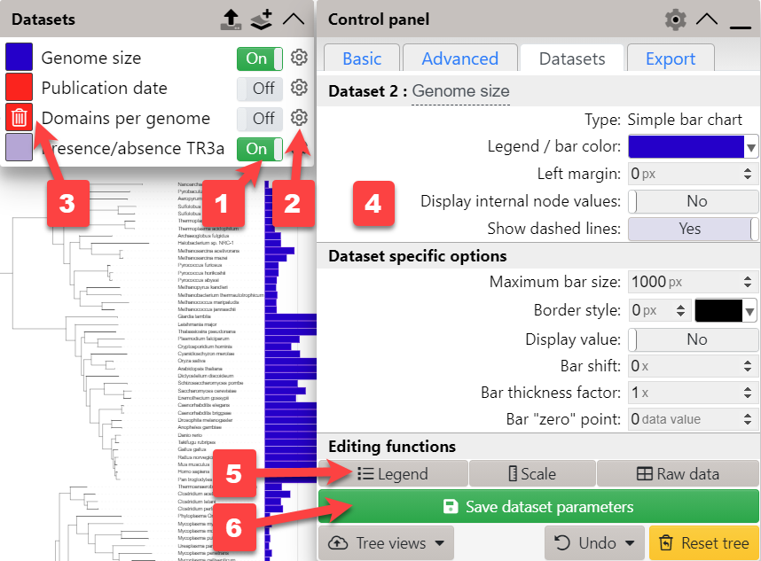 Datasets legend box and an example controls tab